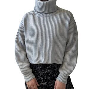 Babaton Aritzia Light Gray 100% Merino Wool Cropped Chunky Ribbed Sweater Sz M